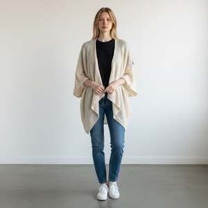 Cejon Ivory Metallic Gold Thread Open Front Knit Ruana Cardigan Flowy Chic OSFM